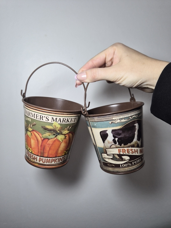 Other - Farmers Market Decorative Metal Buckets - Brown Pumpkin & Cow Set Farmhouse